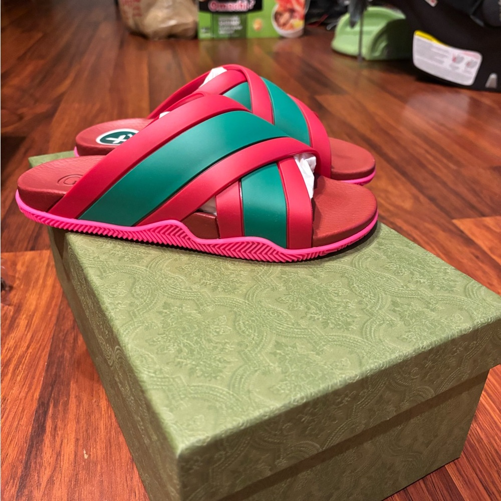 Gucci Pink and Green Slide Sandals